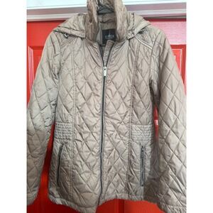 Tower by London Fog Womens Quilted Puffer Jacket Champagne Tan Hooded Small